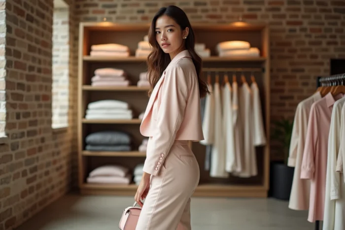 Jeune femme fashionista portant un ensemble coordonné FB Sister dans une boutique tendance à Paris