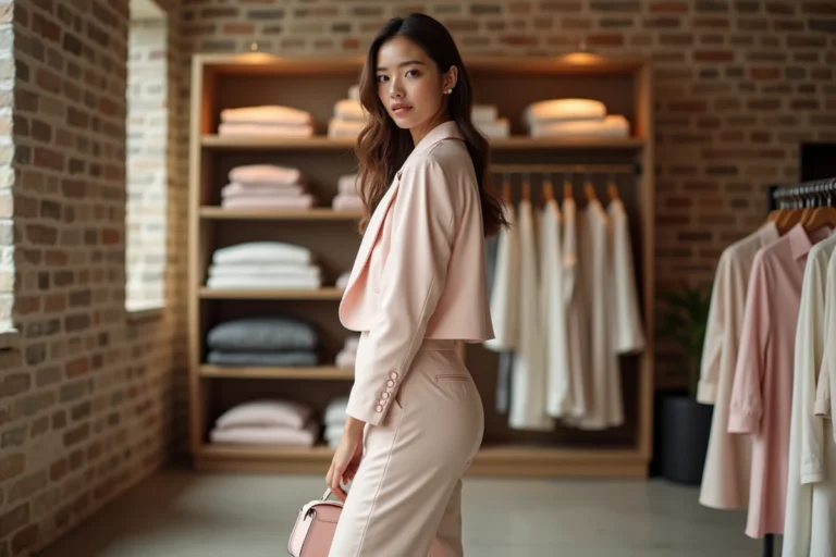 Jeune femme fashionista portant un ensemble coordonné FB Sister dans une boutique tendance à Paris