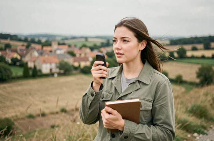 Journaliste sur le terrain enregistrant un reportage dans une région rurale française