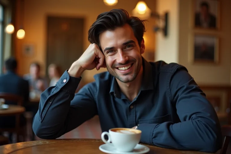 Homme élégant souriant dans un café parisien, illustrant la vie amoureuse discrète de Jules Torres