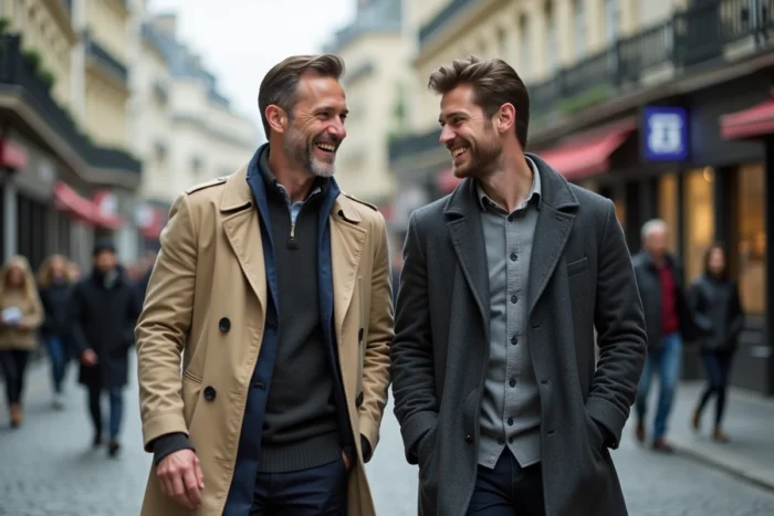 Deux hommes marchant ensemble dans les rues de Paris, évoquant la relation discrète et complice de Jules Torres