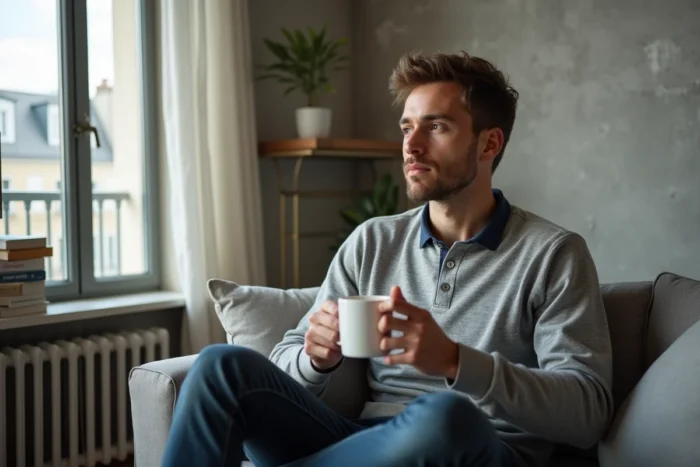 Homme pensif dans un appartement parisien minimaliste, illustrant la vie privée et amoureuse discrète de Jules Torres
