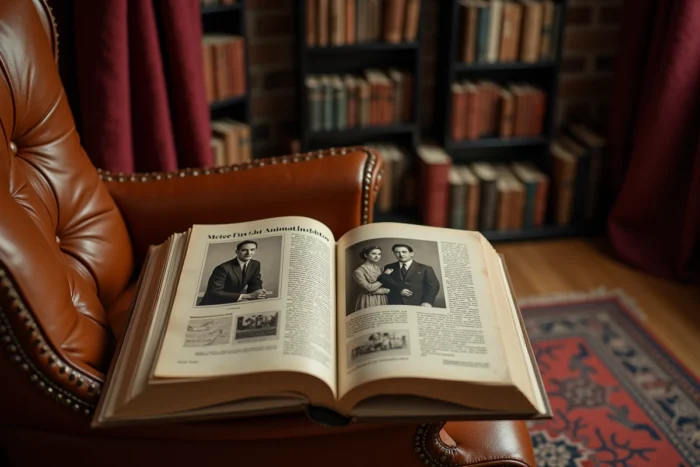 Livre d'histoire ouvert sur un fauteuil en cuir vintage montrant des photographies d'archives d'un couple élégant des années 1940, entouré de documents historiques dans une bibliothèque chaleureuse