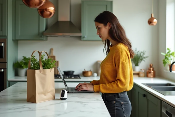 Maman active consultant son ordinateur portable dans une cuisine moderne, entourée d'accessoires du quotidien et d'un babyphone