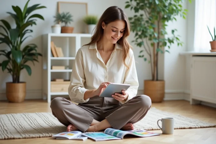 Jeune maman moderne assise sur un parquet scandinave, entourée de magazines parentaux et d'une tablette affichant des actualités pour mamans
