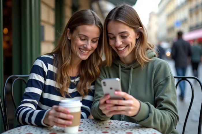Deux mamans amies attablées en terrasse de café parisien, partageant des actualités parentales sur un smartphone autour d'un café