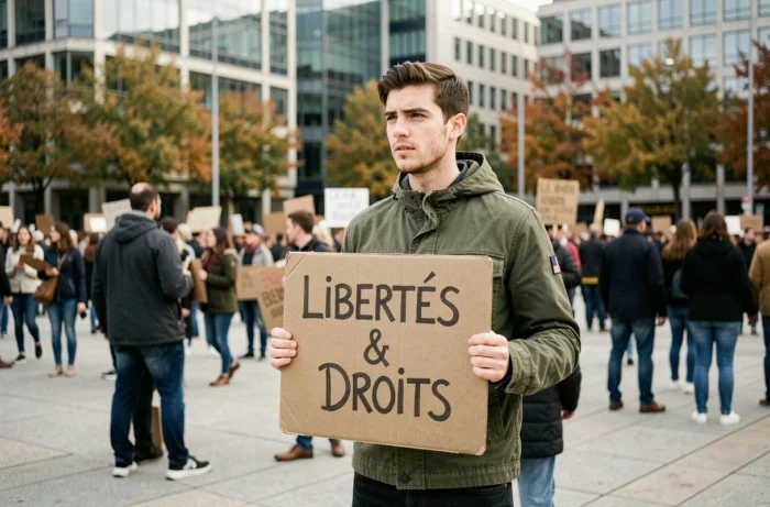 Jeune homme tenant une pancarte lors d'une manifestation citoyenne en milieu urbain pour la défense des libertés fondamentales