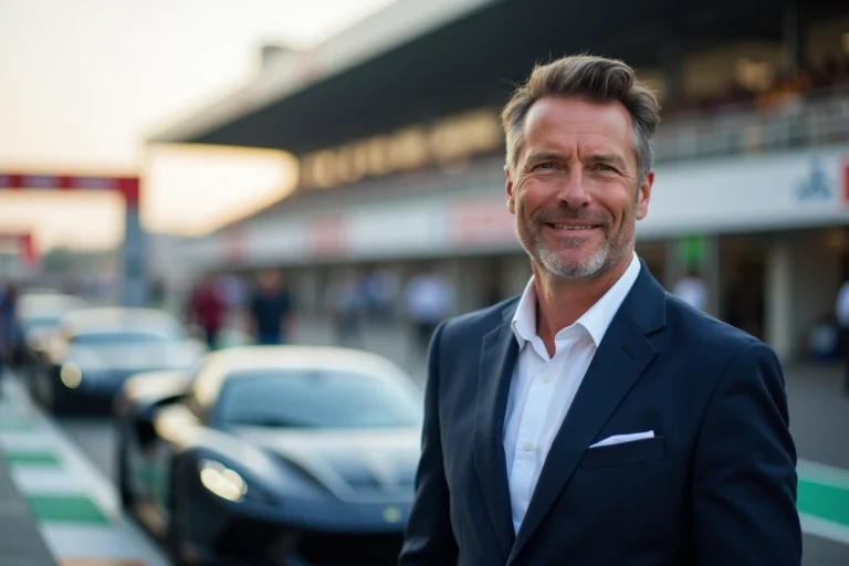 Portrait d'un entrepreneur et organisateur d'événements automobiles de luxe posant dans un paddock de course avec une voiture de sport en arrière-plan