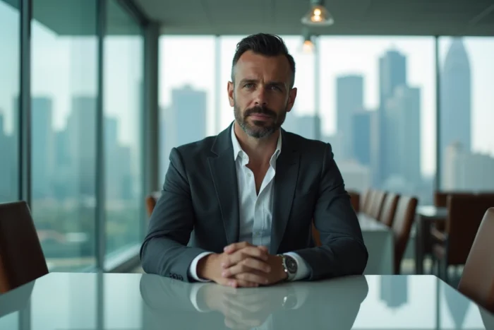 Homme d'affaires prospère assis dans un bureau moderne avec vue sur la ville, évoquant la réussite financière et entrepreneuriale