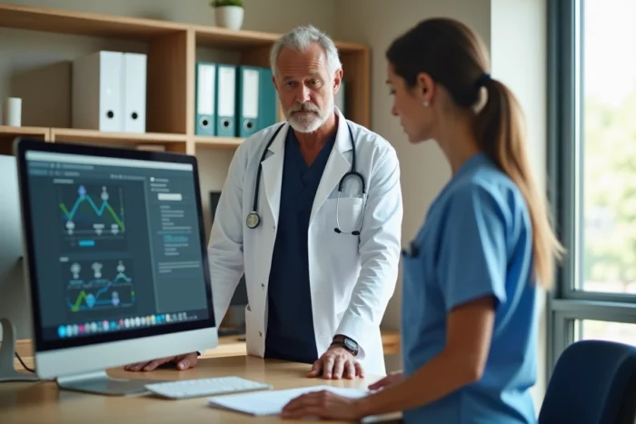 Médecin senior et collègue soignante collaborant sur un logiciel de workflow clinique dans un bureau médical moderne, représentant l'innovation en santé