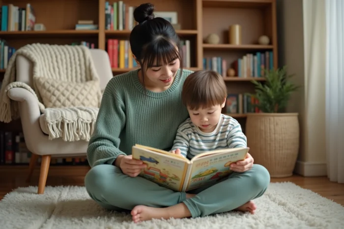 Mère et enfant lisant ensemble un livre illustré dans un salon chaleureux, moment de complicité et développement de l'enfant