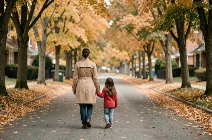 Mère et enfant vus de dos marchant dans une rue arborée en automne, illustrant la protection de la vie familiale loin des médias