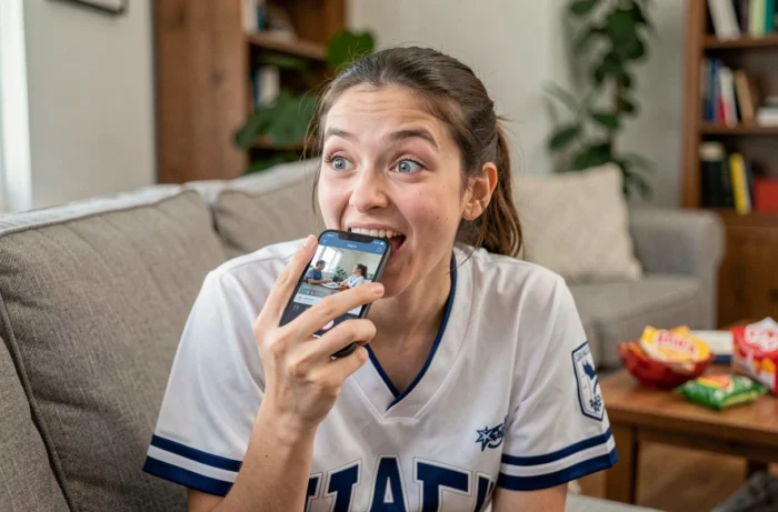 Femme enregistrant un message vocal ridicule sur son téléphone après avoir tiré une cocotte en papier