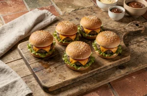 Mini hamburgers apéro disposés sur une planche en bois rustique avec des condiments, vus de dessus