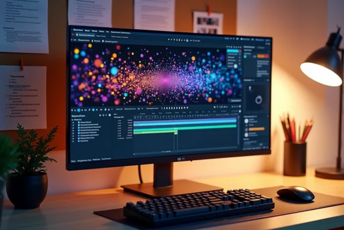 Interface de logiciel After Effects affichant un modèle animé avec des confettis colorés pour un diaporama d'anniversaire