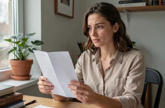 Femme pensive lisant un message sur ce qui a été difficile sans le montrer