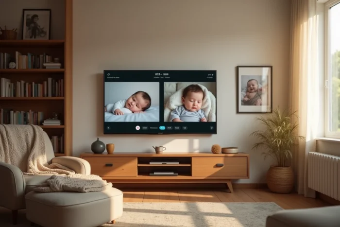Téléviseur affichant un montage chronologique de naissance jusqu'à aujourd'hui pour un anniversaire d'enfant