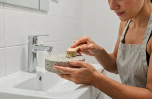 Femme nettoyant une pierre ponce sous l'eau du robinet avec une brosse douce dans une salle de bain minimaliste