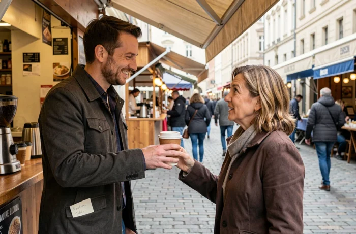 Homme offrant un café à un inconnu dans la rue après avoir tiré un message de cocotte en papier
