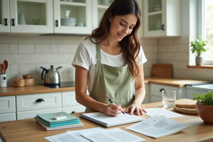 Blogueuse parentale organisant ses articles et dossiers de contenu sur le plan de travail de sa cuisine familiale