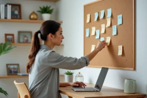 Mère blogueuse organisant le contenu de son blog parental sur un tableau de liège dans un bureau à domicile chaleureux
