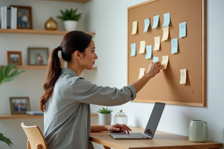 Mère blogueuse organisant le contenu de son blog parental sur un tableau de liège dans un bureau à domicile chaleureux