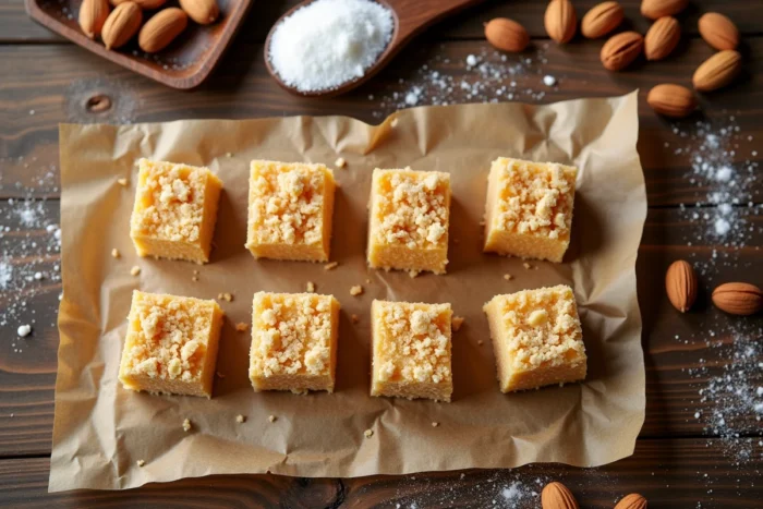 Vue du dessus de carrés de paçoca brésilienne maison sur papier parchemin entourés de cacahuètes grillées et d'épices