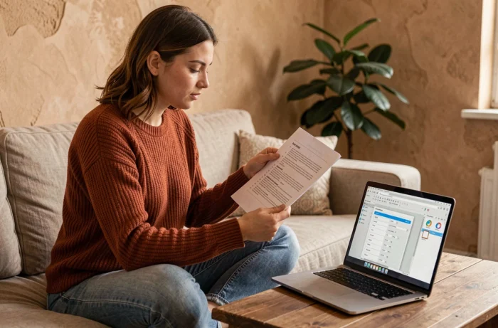Jeune femme comparant les paramètres d'impression PDF sur ordinateur portable avec des pages imprimées