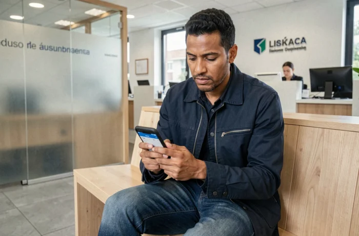 Personne en agence bancaire consultant son application financière pour régulariser un compte Cetelem suspendu