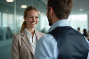 Femme faussement bienveillante au bureau souriant à un collègue avec un regard calculateur discret