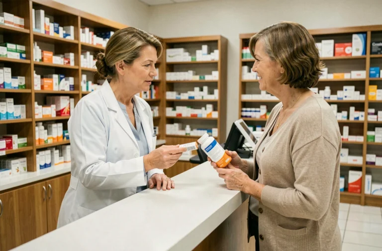Pharmacienne expliquant les bienfaits d'un complément alimentaire Acthéane à une cliente en pharmacie