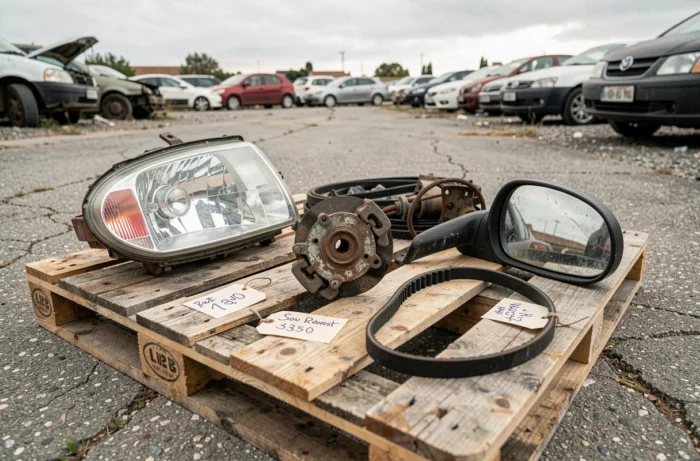 Pièces auto d'occasion étiquetées sur une palette dans une casse automobile près de Plan de Campagne