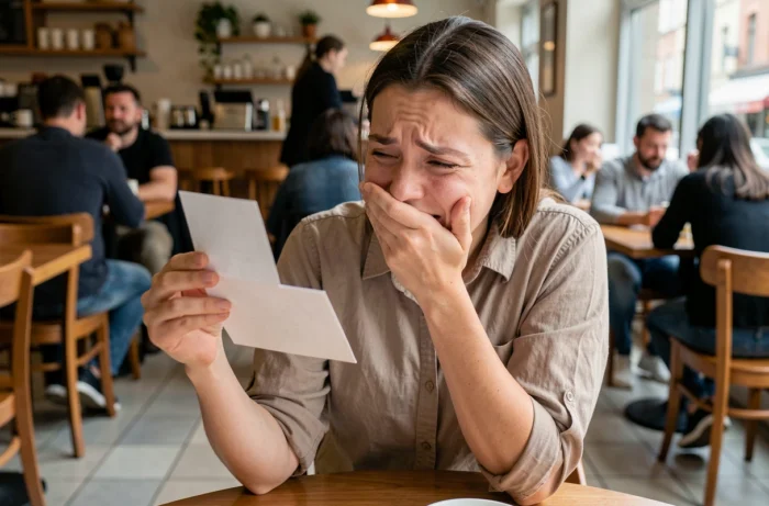 Femme qui lit un message de cocotte en papier sur son pire premier rendez-vous avec un sourire gêné