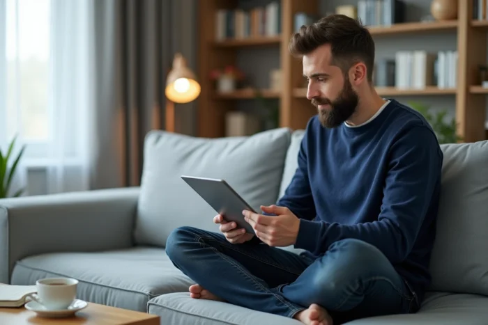 Père blogueur planifiant le calendrier éditorial de son blog parental sur une tablette dans son salon