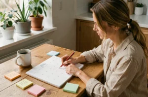 Femme planifiant ses vacances 2026 sur un calendrier papier avec des notes colorées, optimisation des jours fériés pour les voyages