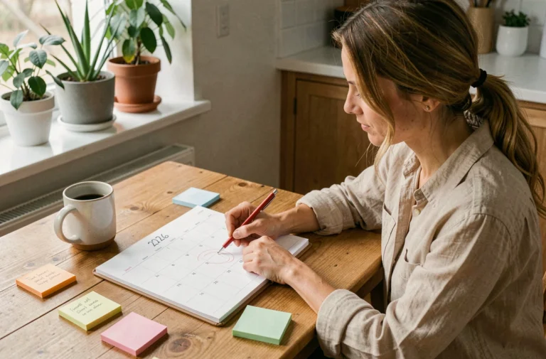 Femme planifiant ses vacances 2026 sur un calendrier papier avec des notes colorées, optimisation des jours fériés pour les voyages