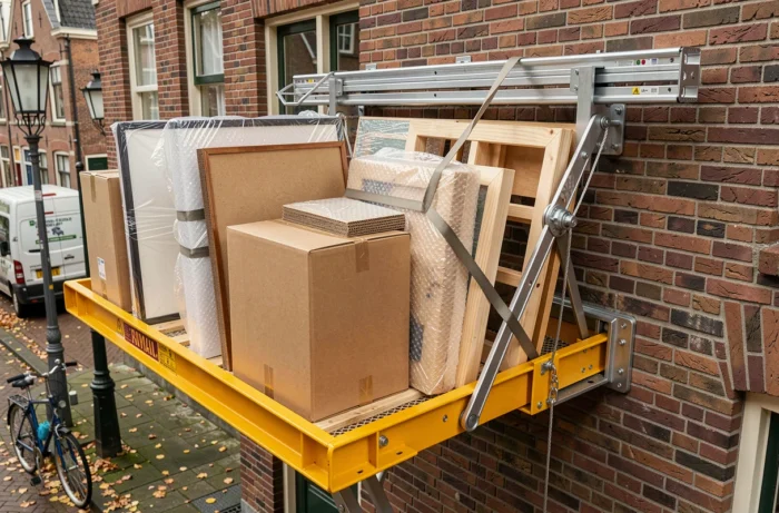 Plateau de lift de déménagement chargé de cartons et meubles emballés le long d'une façade en briques rouges à Bruxelles