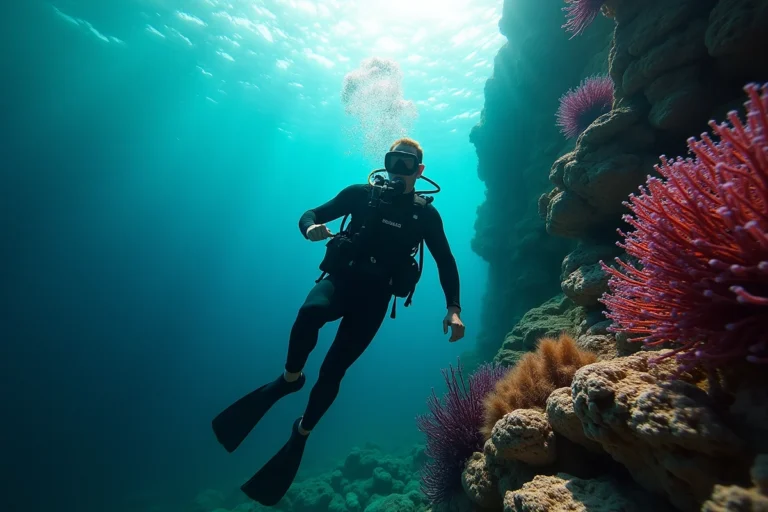 Plongeur explorant un récif de gorgones rouges dans les eaux cristallines du nord de la Corse