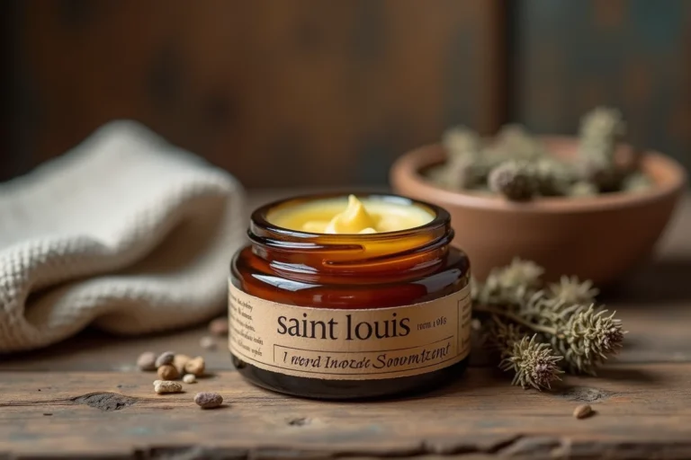 Pot de pommade Saint Louis posé sur une surface en bois avec des herbes médicinales séchées