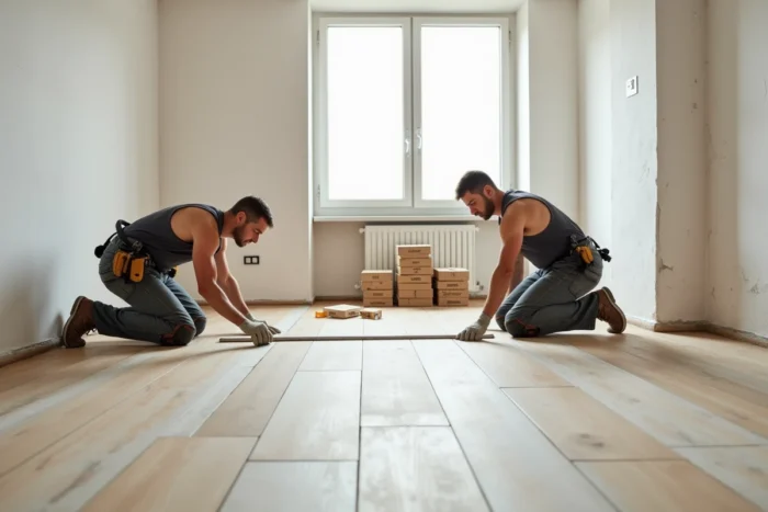 Pose de carrelage vinyle par des installateurs professionnels dans un appartement en rénovation, service de pose Saint Maclou
