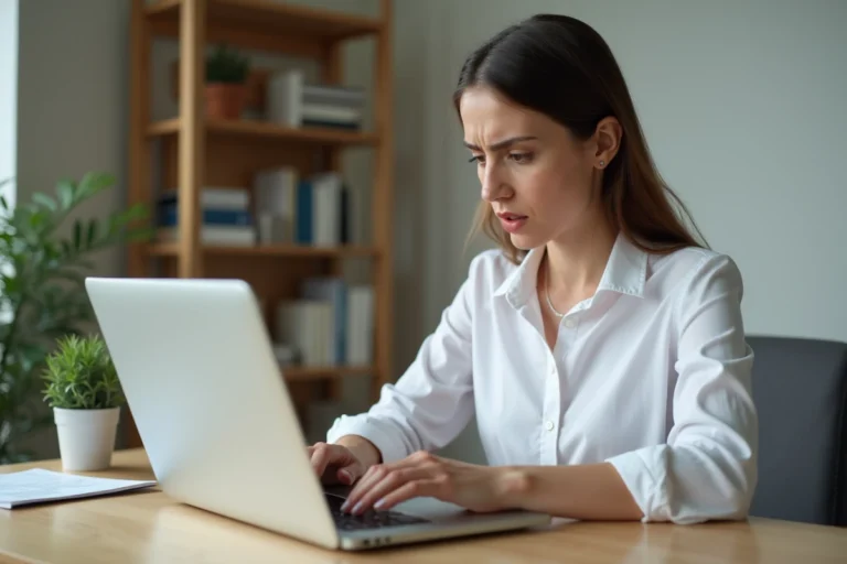Femme connectée pour la première fois à un espace bancaire en ligne sur un ordinateur portable dans un bureau à domicile