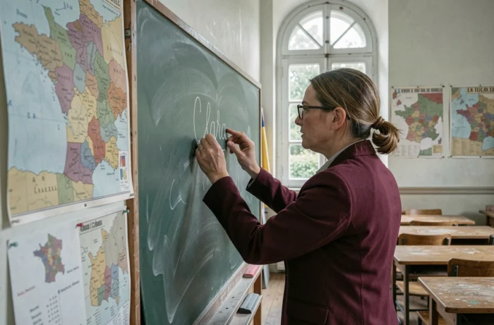 Enseignante française écrivant le prénom Clara à la craie sur un tableau noir dans une salle de classe traditionnelle