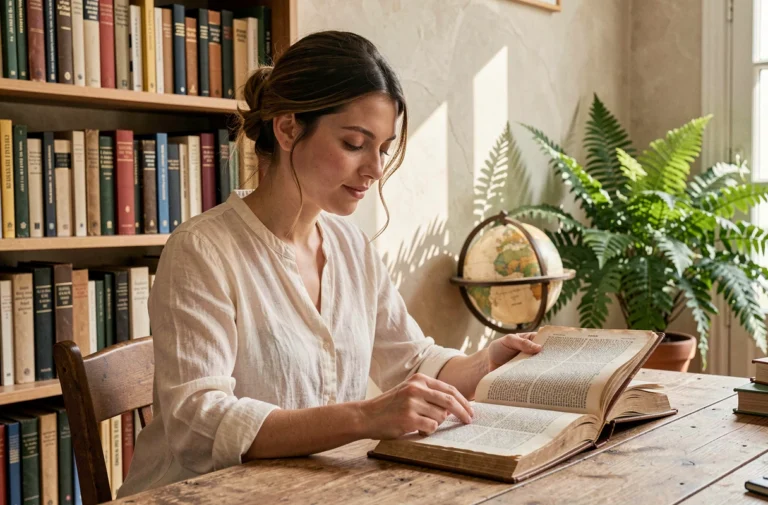 Jeune femme française prénommée Clara feuilletant un dictionnaire étymologique dans un appartement parisien chaleureux