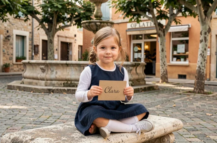 Petite fille française tenant une carte calligraphiée avec le prénom Clara sur une place de village provençal