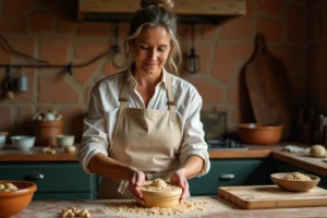 Femme brésilienne préparant la paçoca maison en pressant le mélange de cacahuètes dans un moule en bois sur un plan de travail rustique