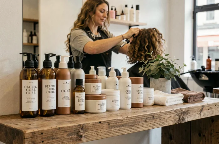 Produits professionnels pour cheveux bouclés sur une étagère du salon Thomas Tuccinardi à Lyon