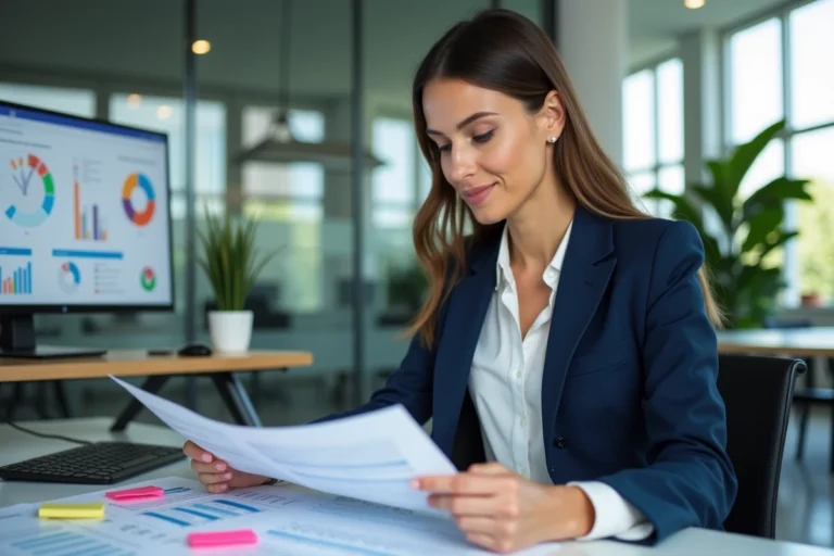 Professionnelle analysant des rapports de KPI SEO sur un bureau moderne avec des graphiques et des indicateurs de performance marketing digital