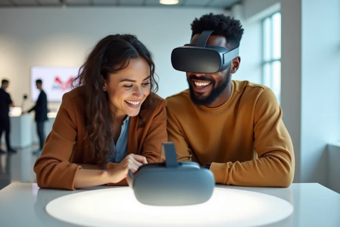 Deux professionnels examinant un casque de réalité augmentée lors d'un salon technologique en 2024