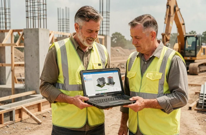 Deux professionnels du bâtiment consultant un logiciel de gestion budgétaire pour promoteur directement sur le chantier de construction