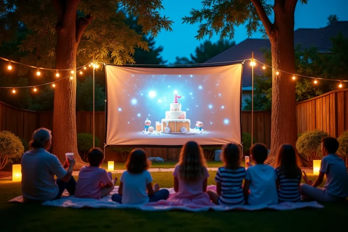 Projection d'un diaporama d'anniversaire sur un drap blanc tendu dans un jardin le soir en mode cinéma en plein air